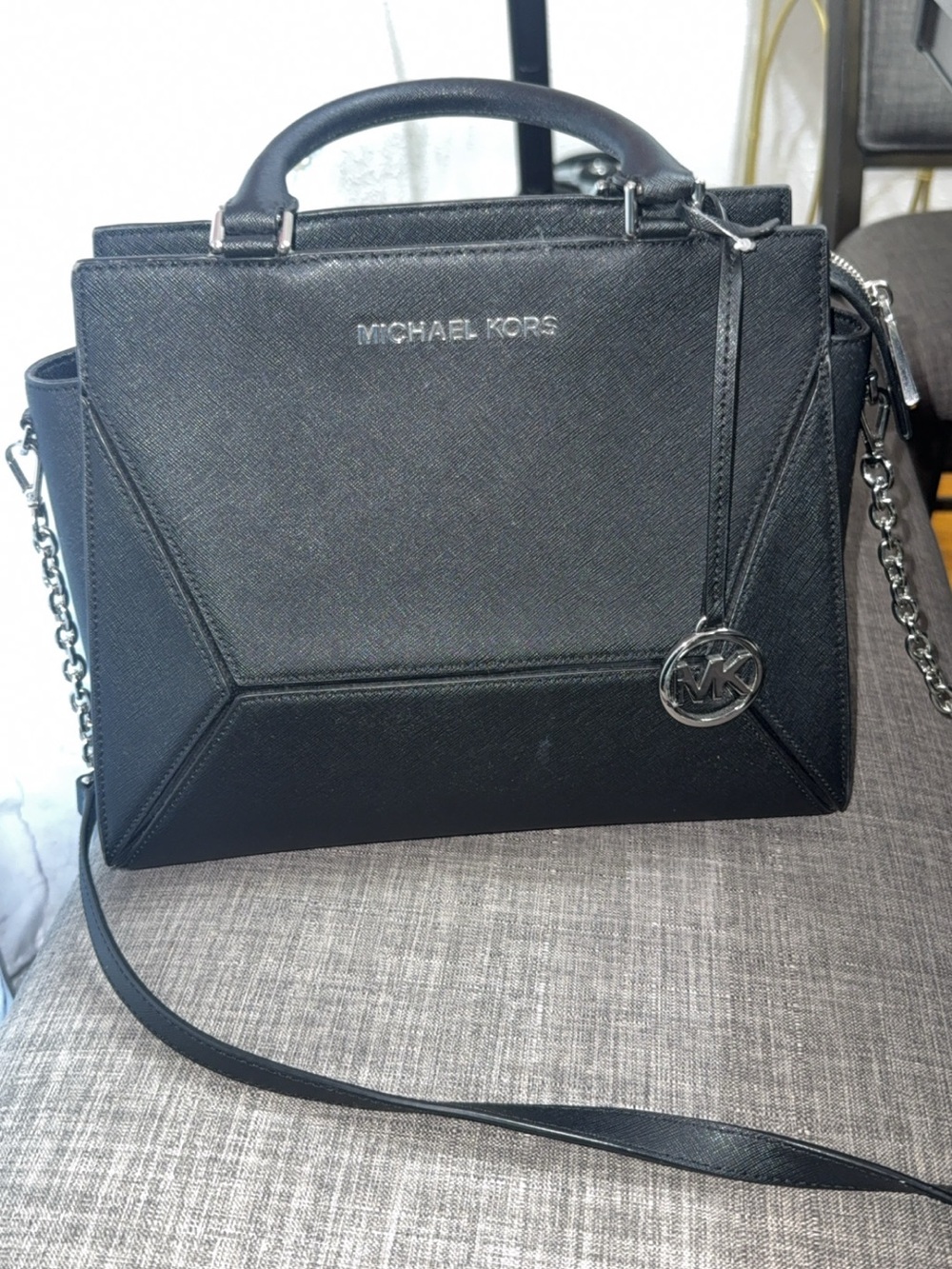 Michael Kors Black Saffiano Leather Satchel with Chain Strap and MK Charm